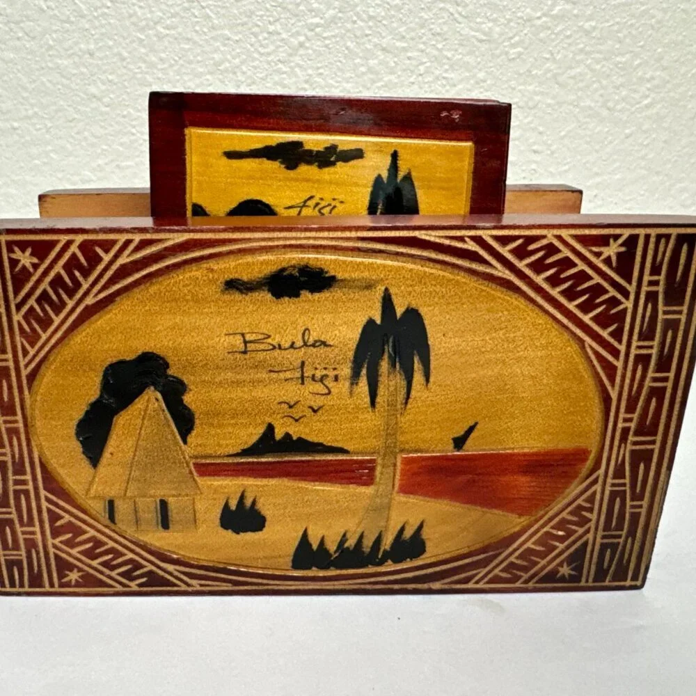 Vintage Bula Fiji Wood Carving Tropical Scene Set of 4 Carved Wooden Coaster